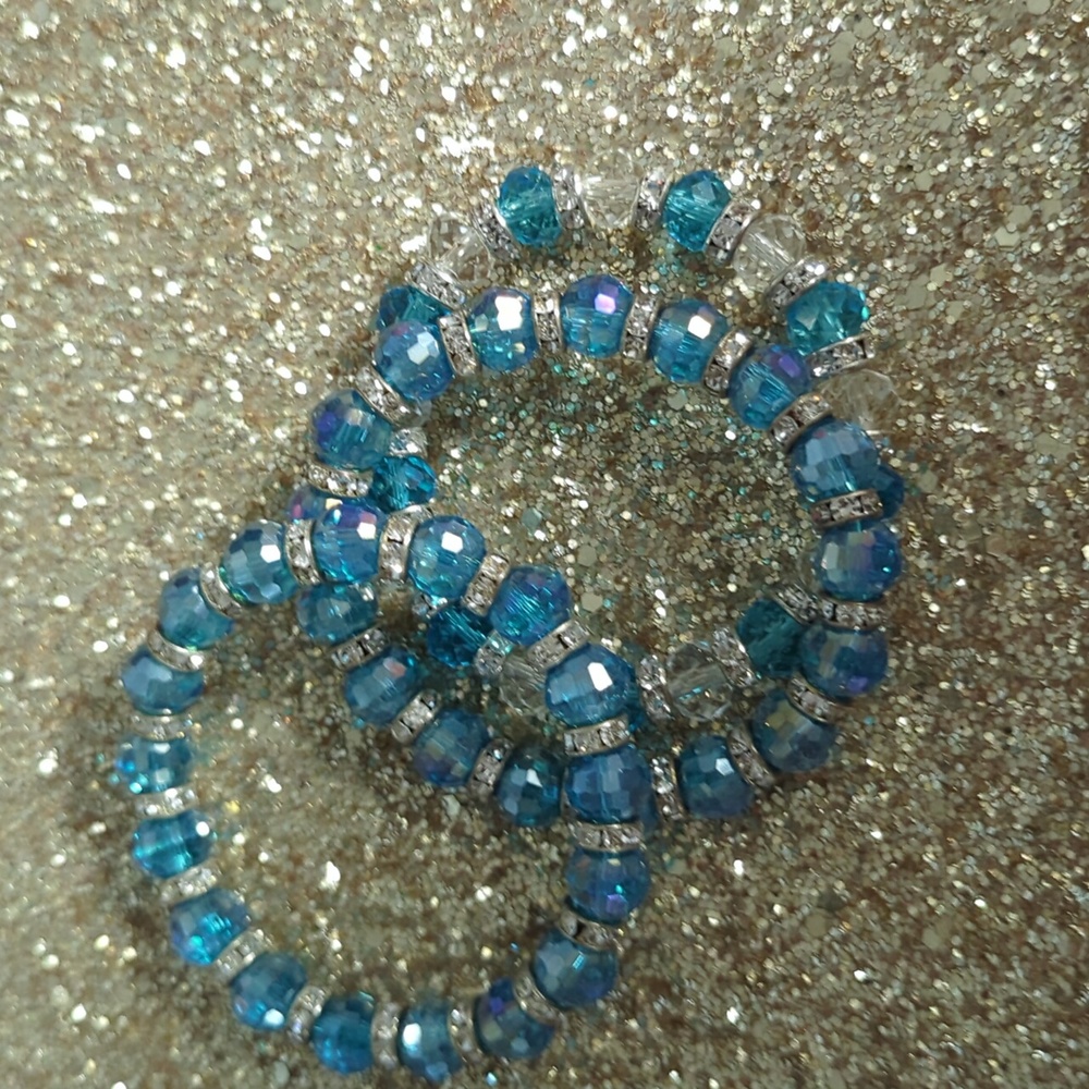 Set of Three Blue and Clear Beaded Bracelets